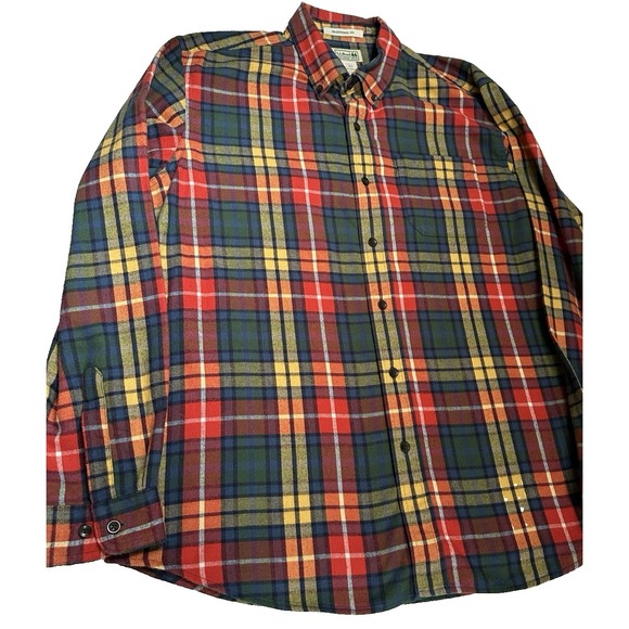 LL Bean Flannel Shirt Mens 228061, Red Blue Yellow Button Down LARGE - Picture 6 of 10